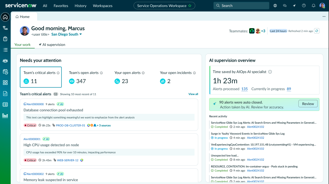 Sample AIOps Supervisor home page - Your work tab