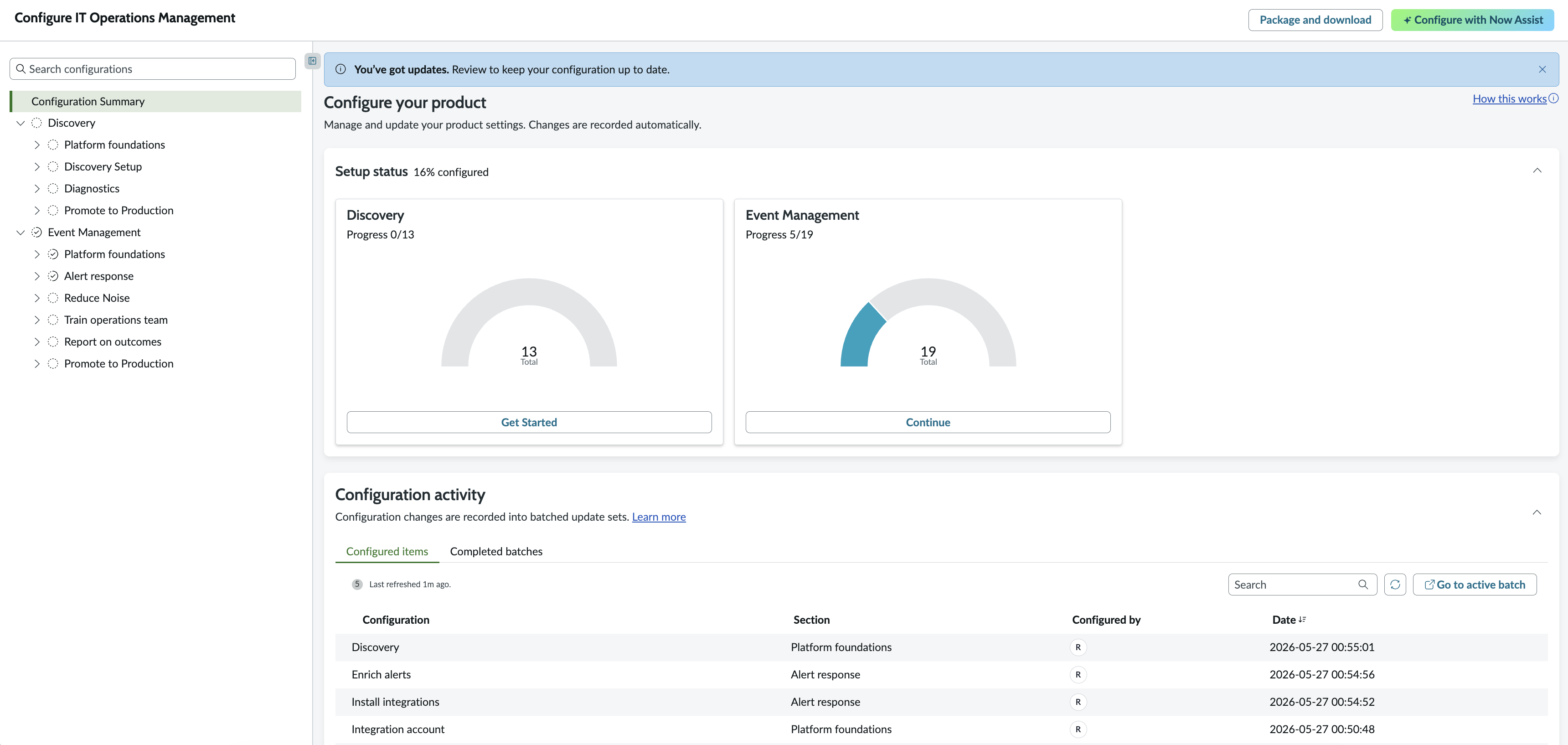 The Configure IT Operations Management page where you can access the Discovery and Event Management modules.