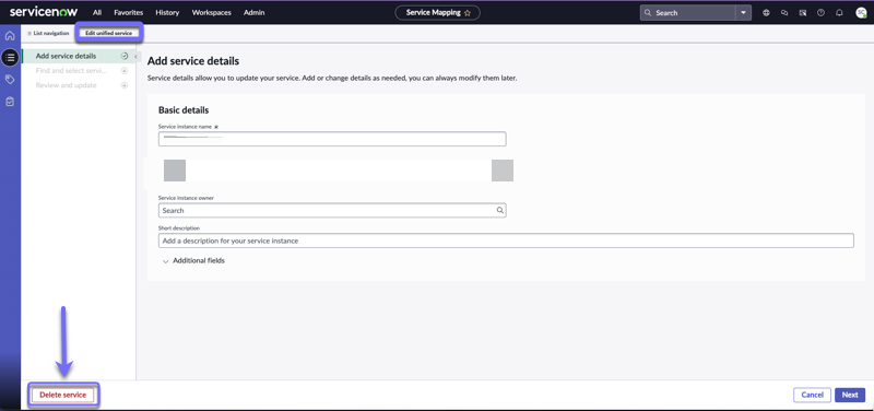 Delete service button on the Add service details page