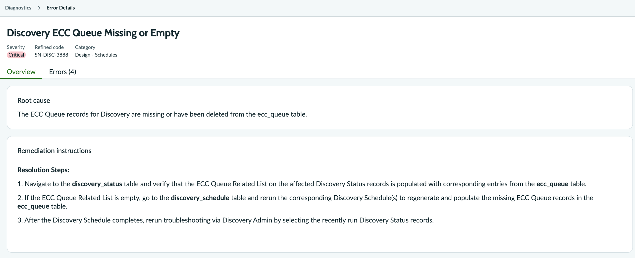 Error Details page in Discovery Admin Workspace