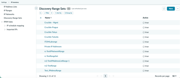 Discovery Range Sets tab in IP inventory
