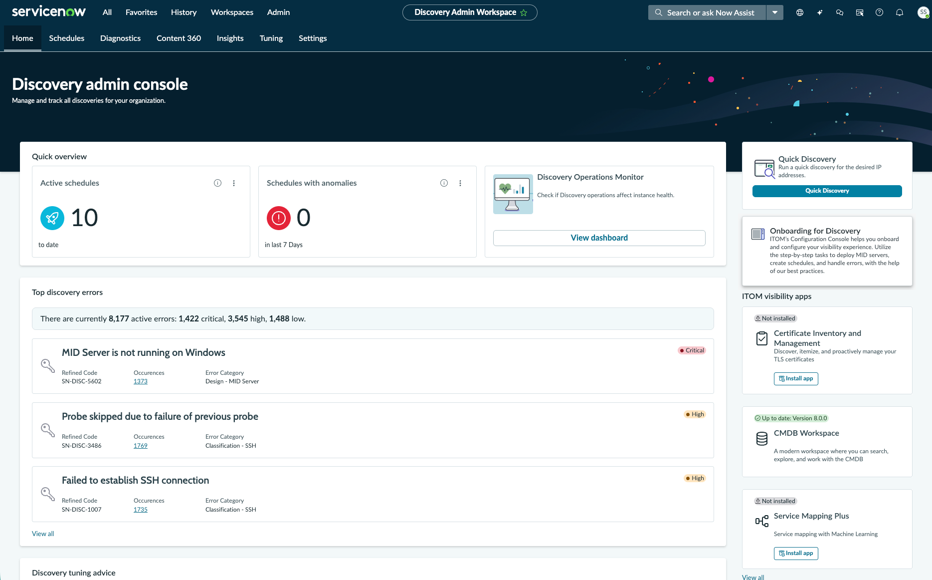 Discovery Admin Workspace Settings page