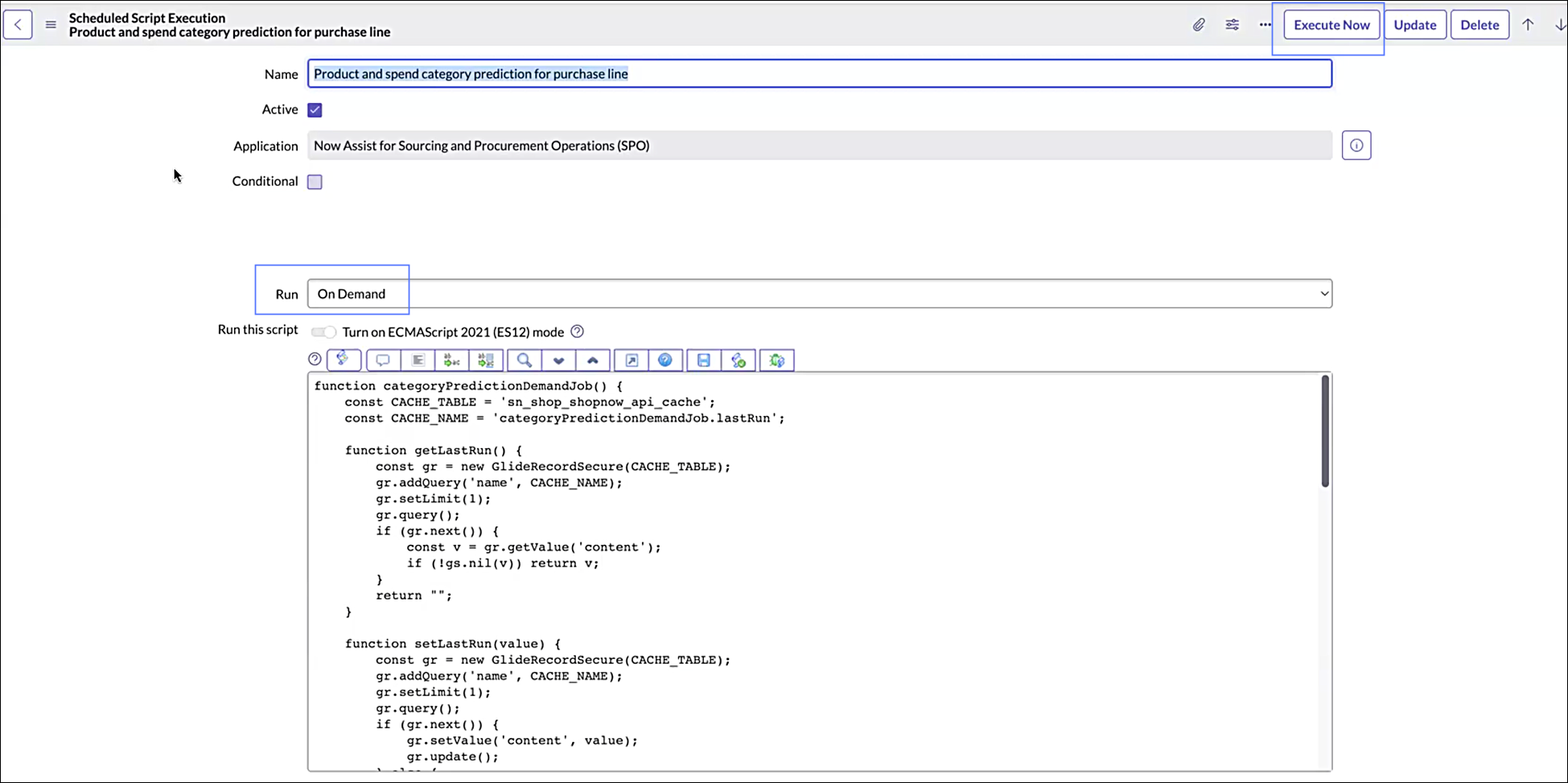 Scheduled Script Execution page showing the product and spend category prediction script with Execute Now button.