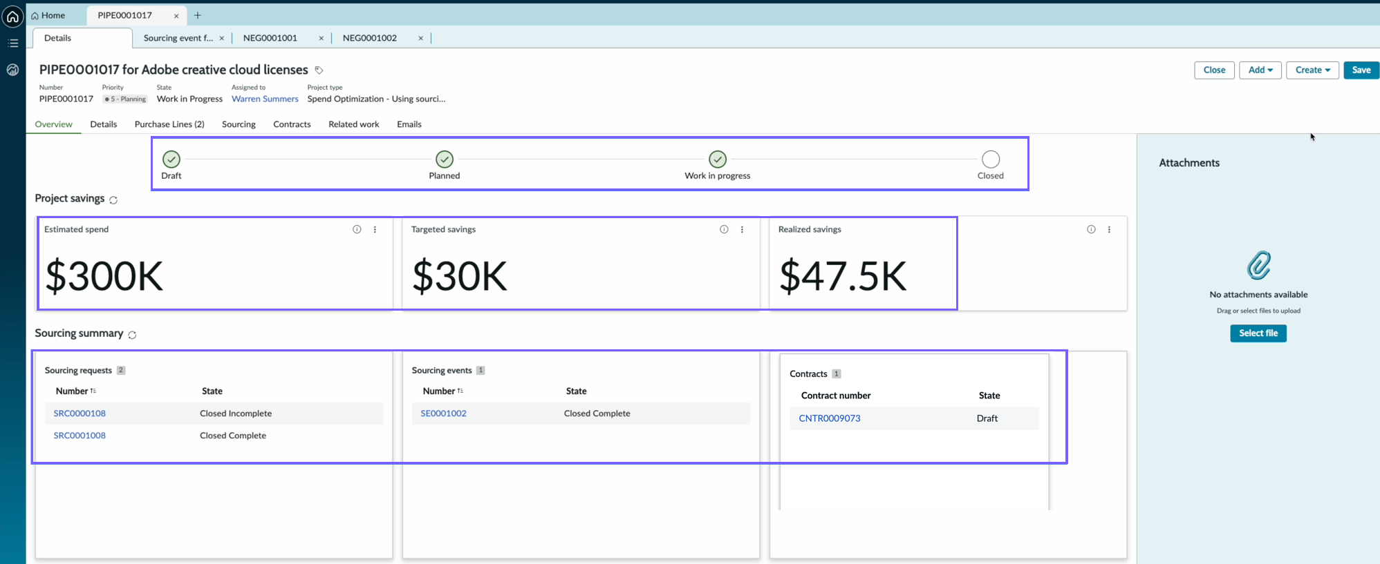 Pipeline project record form tabs and UI actions