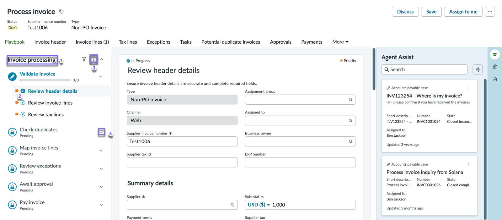 The playbook displaying activity cards and stages of invoice processing.