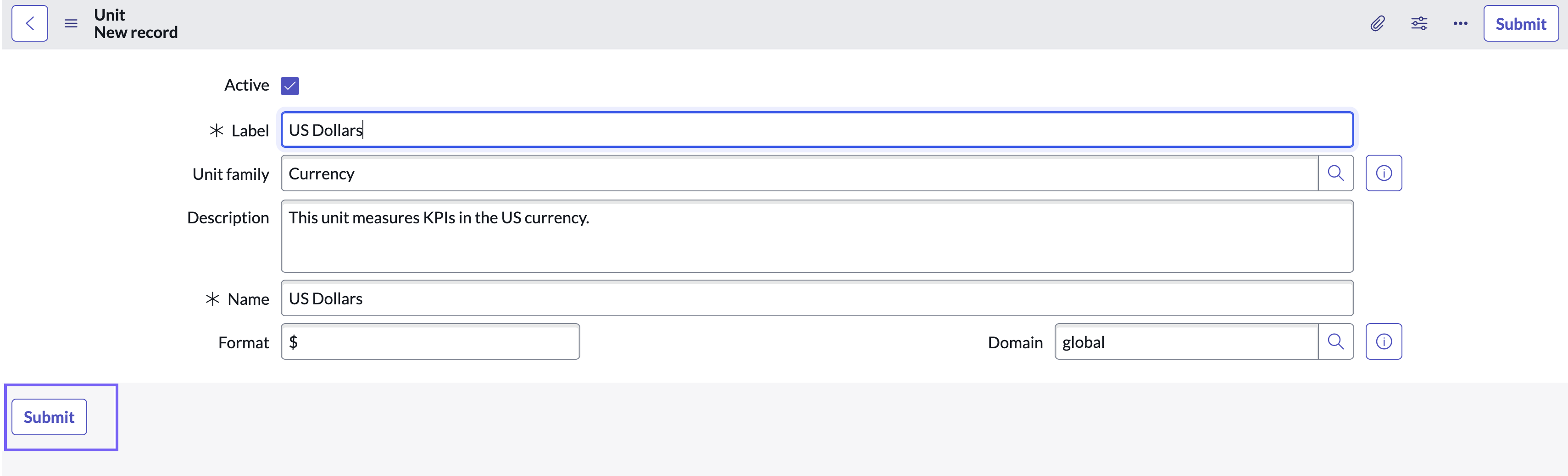 Selected button for saving the new KPI unit.