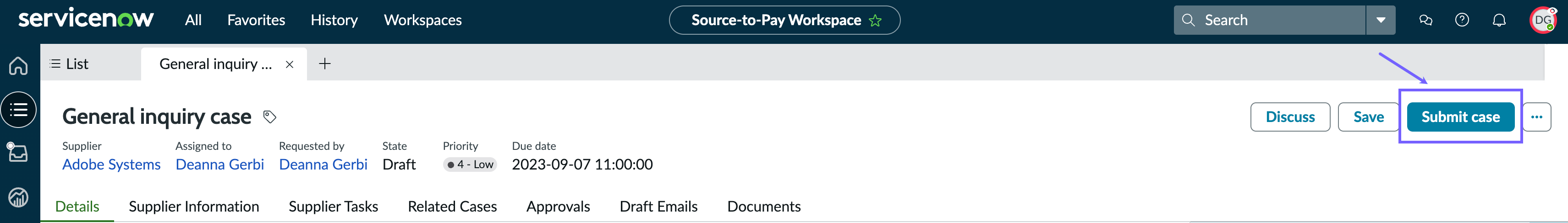 Selected button for submitting a supplier case.