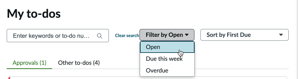 Filtering the to-do list by open items, items due this week, or overdue items