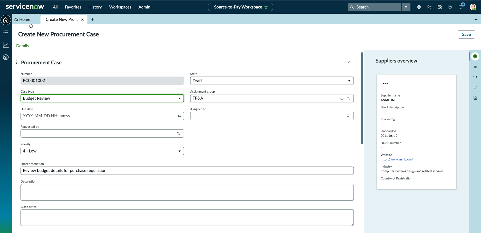 Displays a Create New Procurement Case form.