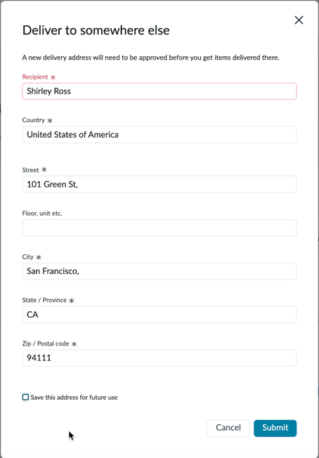Filling out the Deliver to somewhere else form to create a new delivery location.