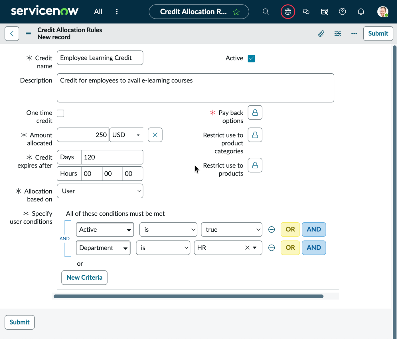 Creating a credit allocation rule for an employee