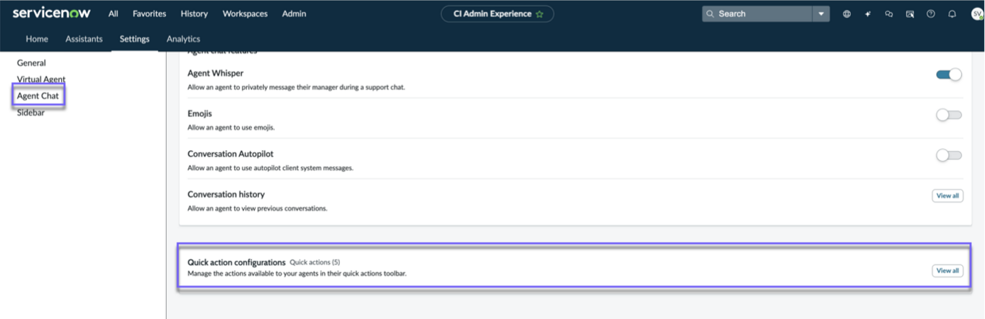 View the quick action configurations