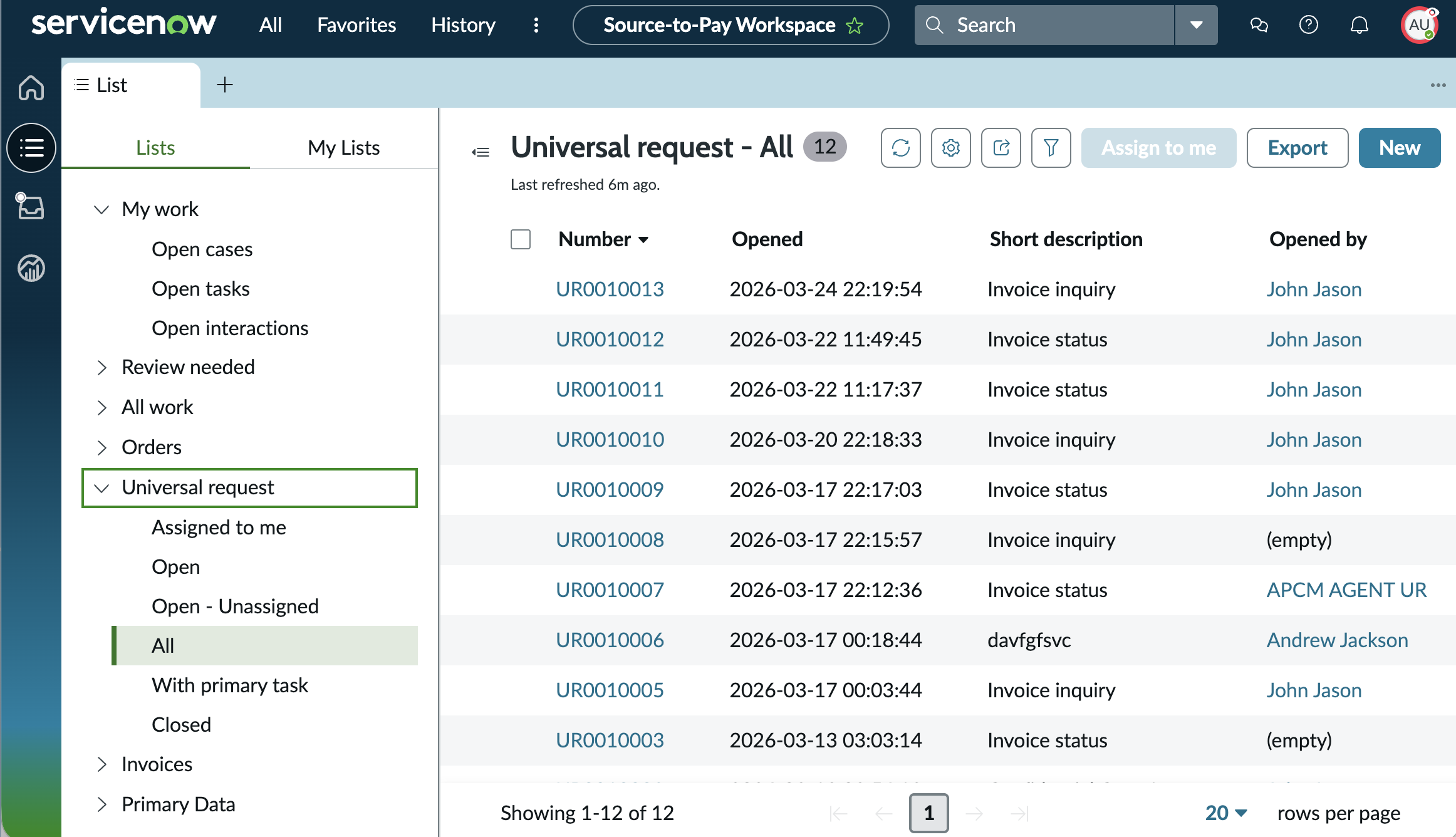 Universal Request List view