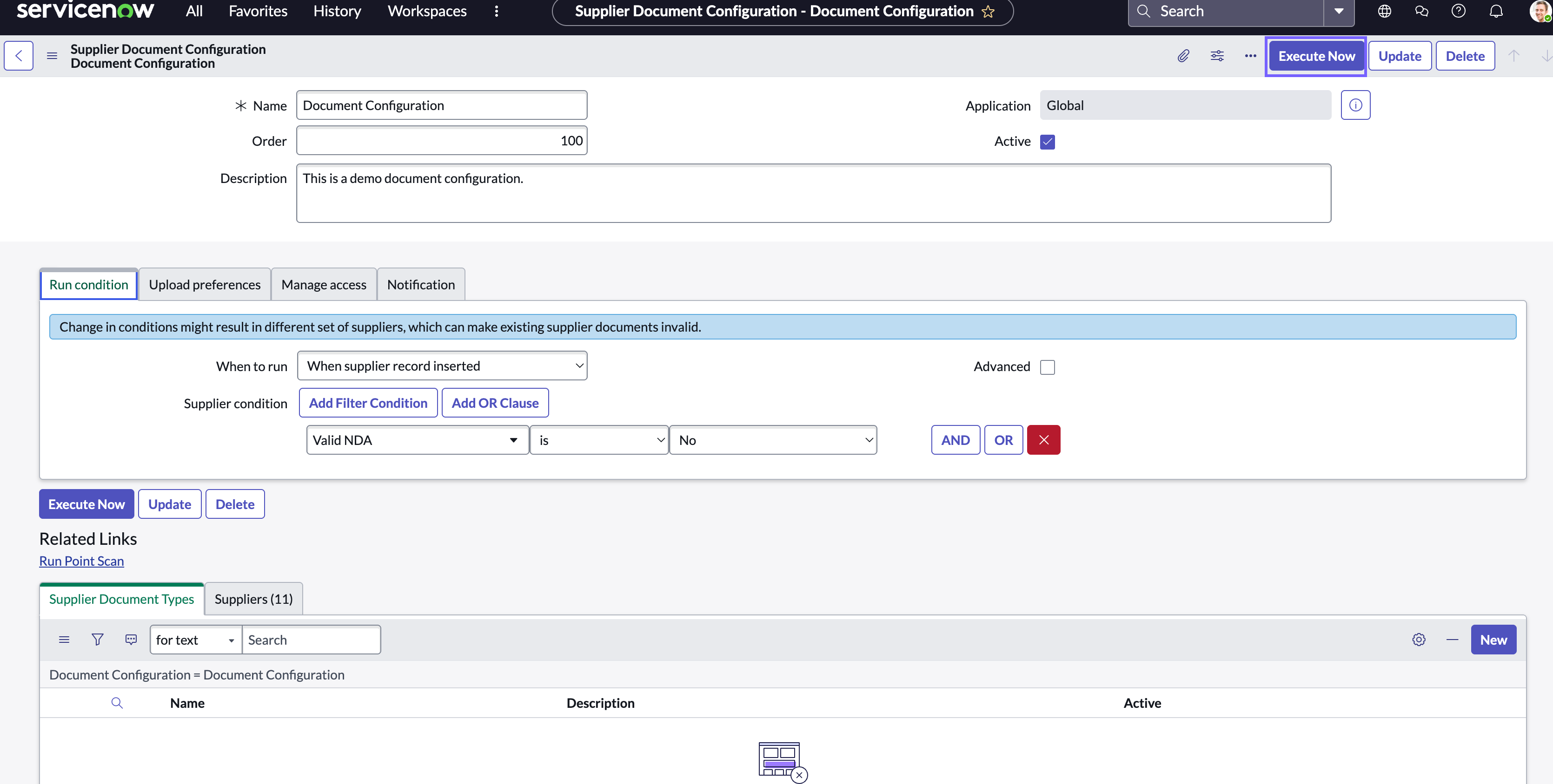 Selected button for running the document configuration manually.
