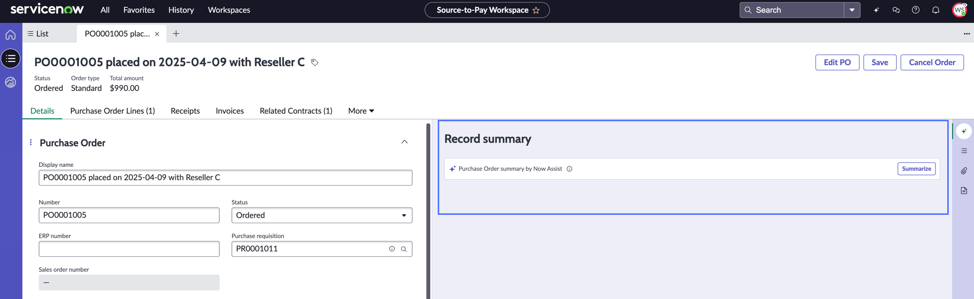 Summarize option that appears at the top of the purchase order record in Source-to-Pay Workspace.