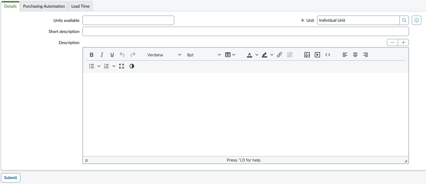 Details tab in Supplier product form.