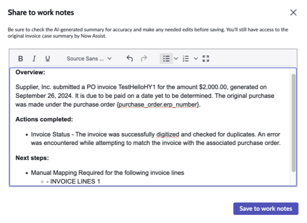 Save to work notes dialog box.
