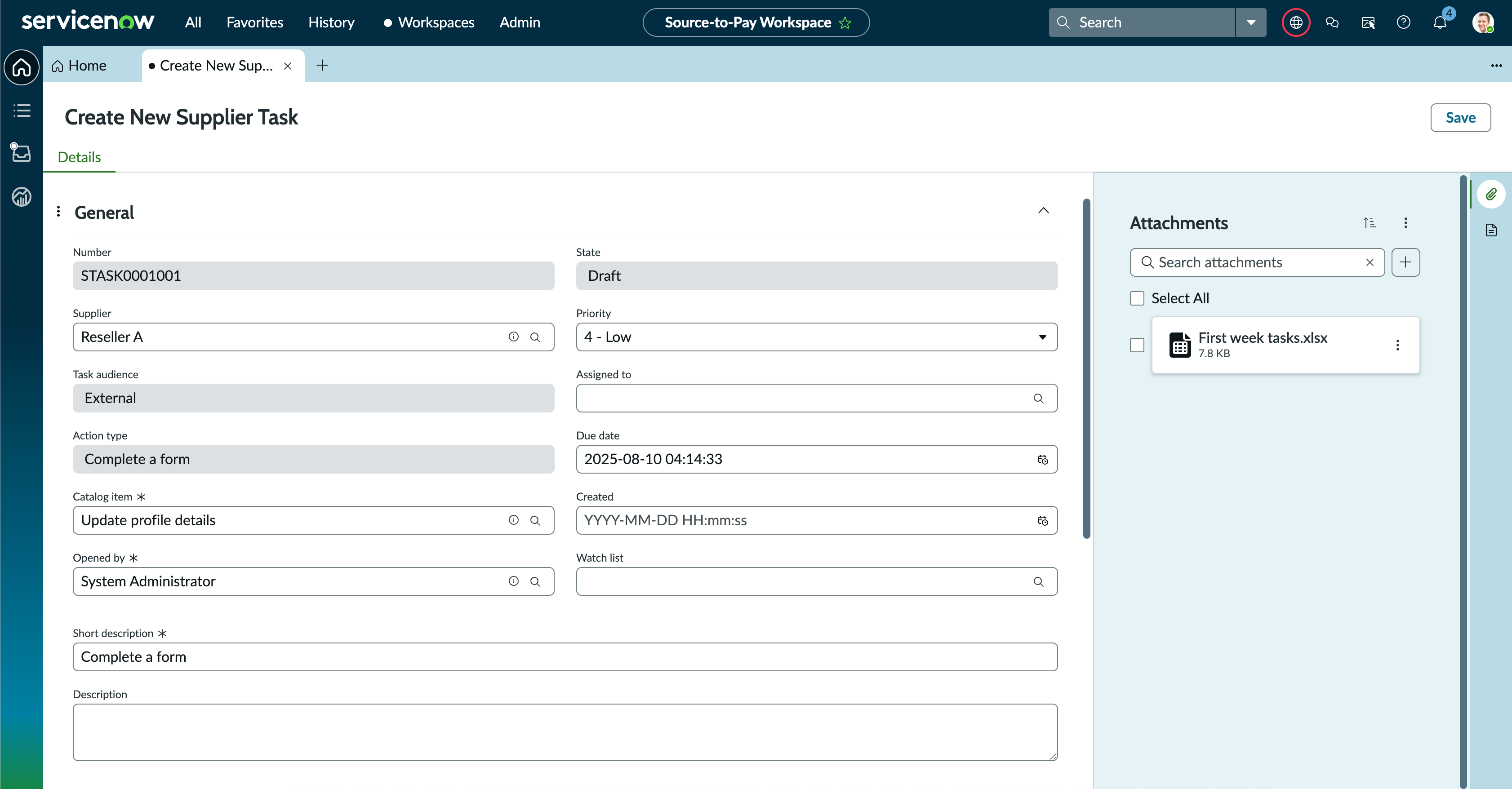 Create New Supplier task form.