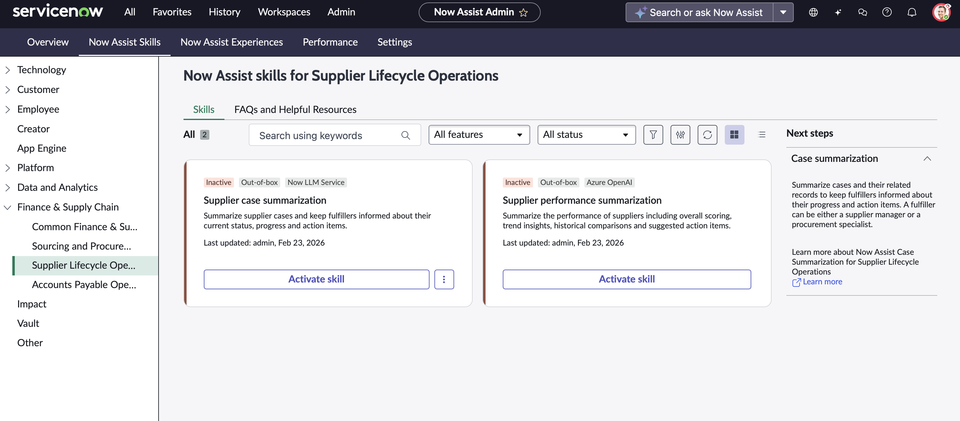Now Assist skills for SLO section, showing the Case summarization and performance summarization feature cards.