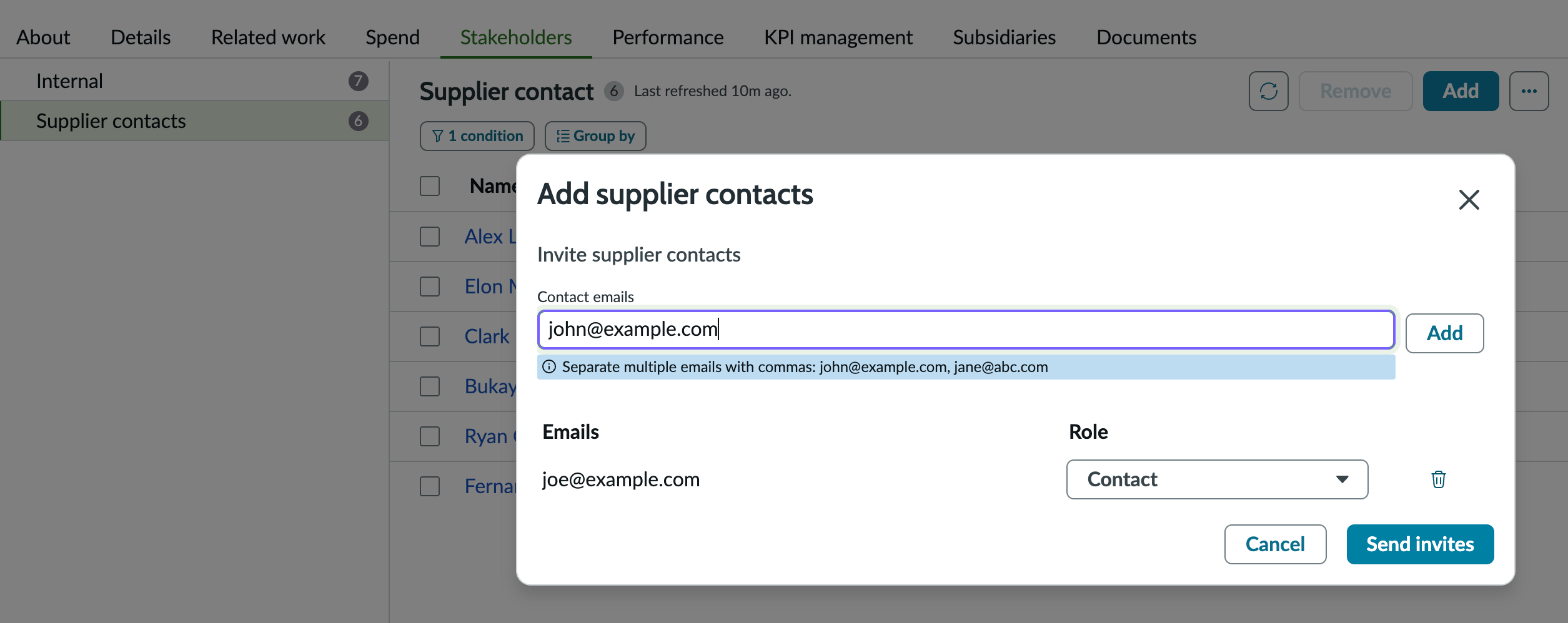 Add Supplier contacts dialog box.
