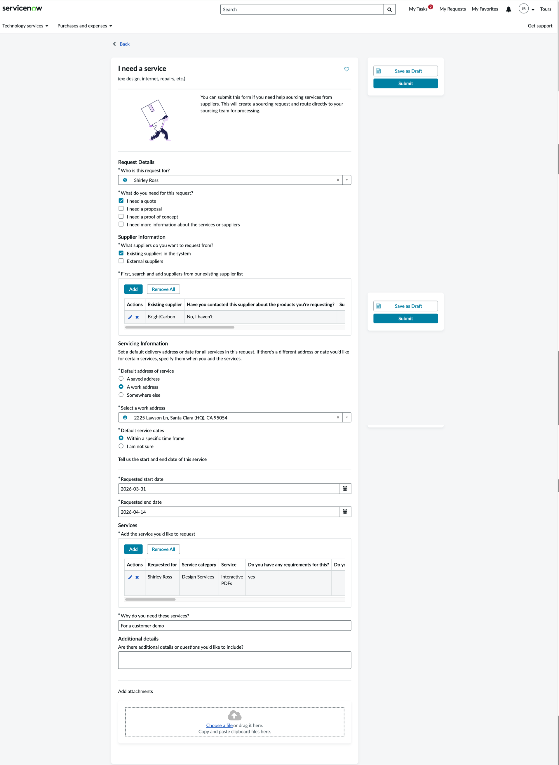 illing the service details to create a sourcing request.