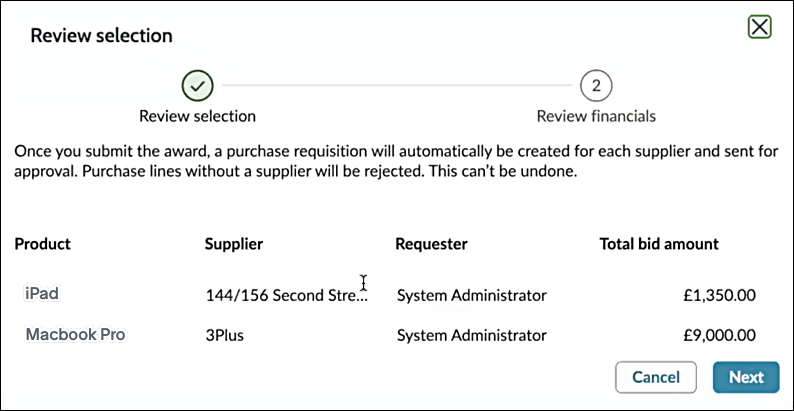 Review selection page where you select the supplier for each product.