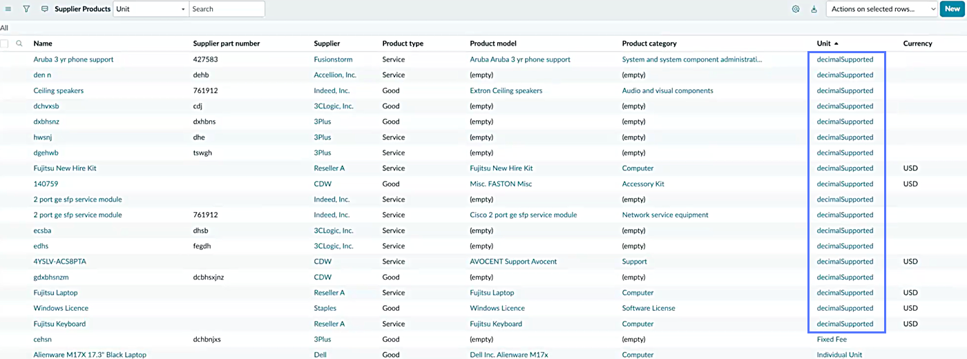 Supplier Products table showing Unit column with decimalSupported values for service products.