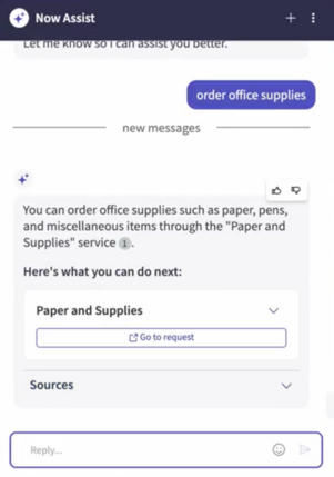 Now Assist for SPO in a Virtual Agent displays the result based on your request.