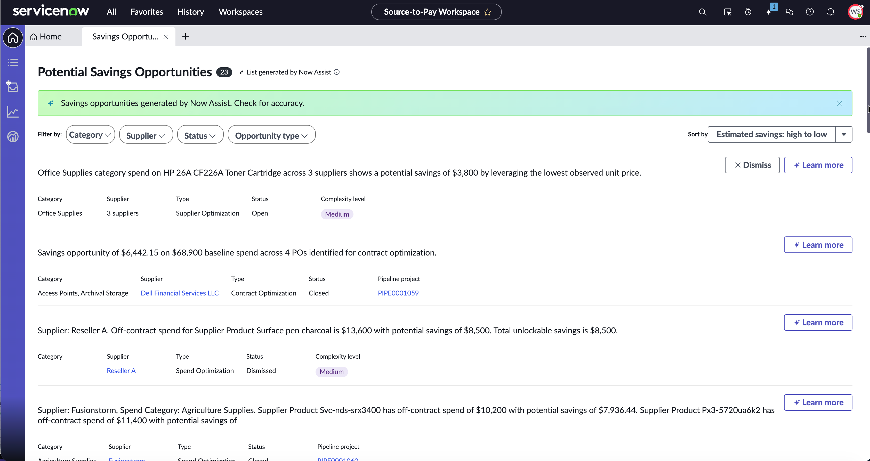 Potential savings opportunities page in the Source-to-Pay Workspace.