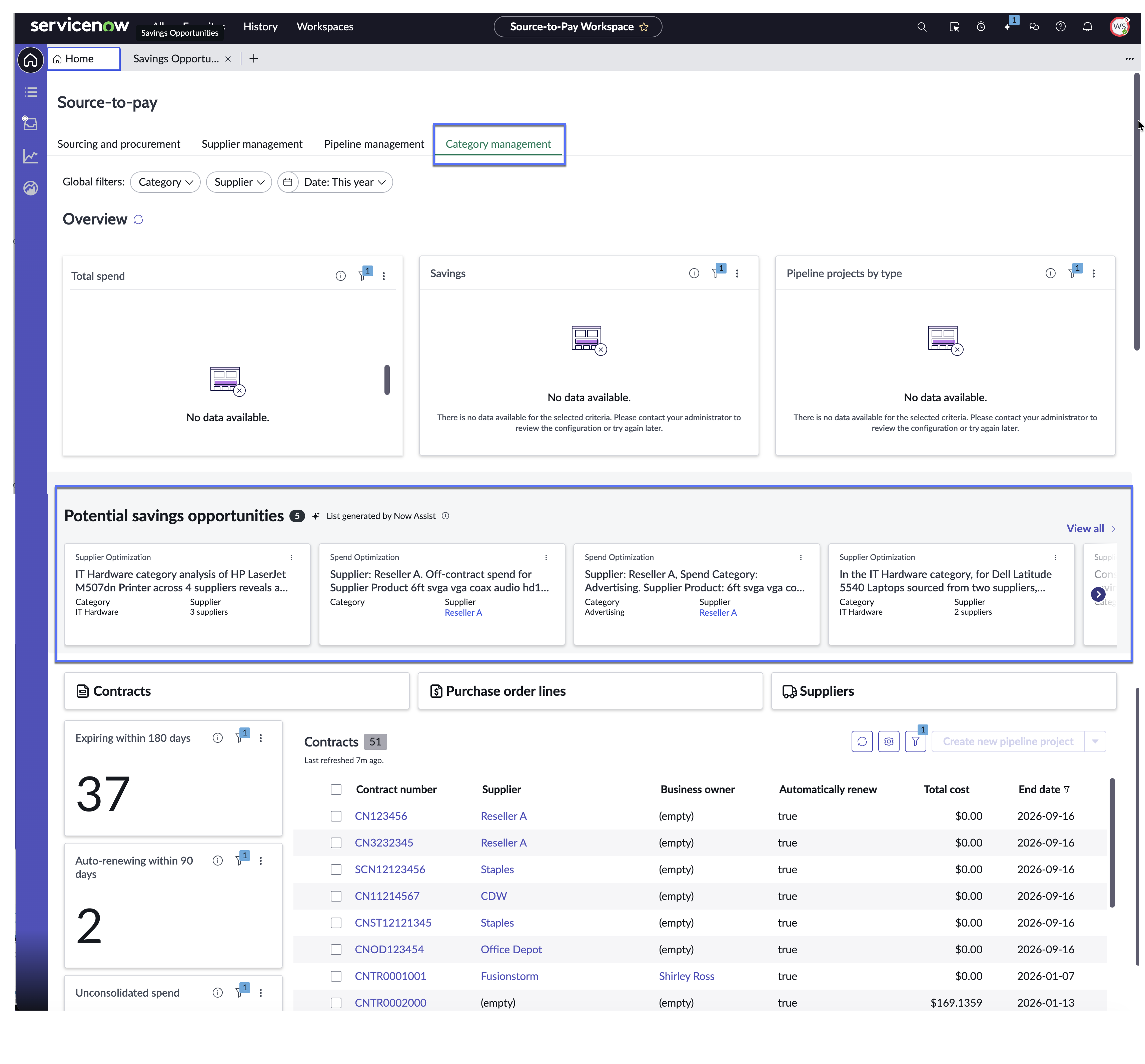 Category Management tab in the Source-to-Pay Workspace showing savings opportunities.
