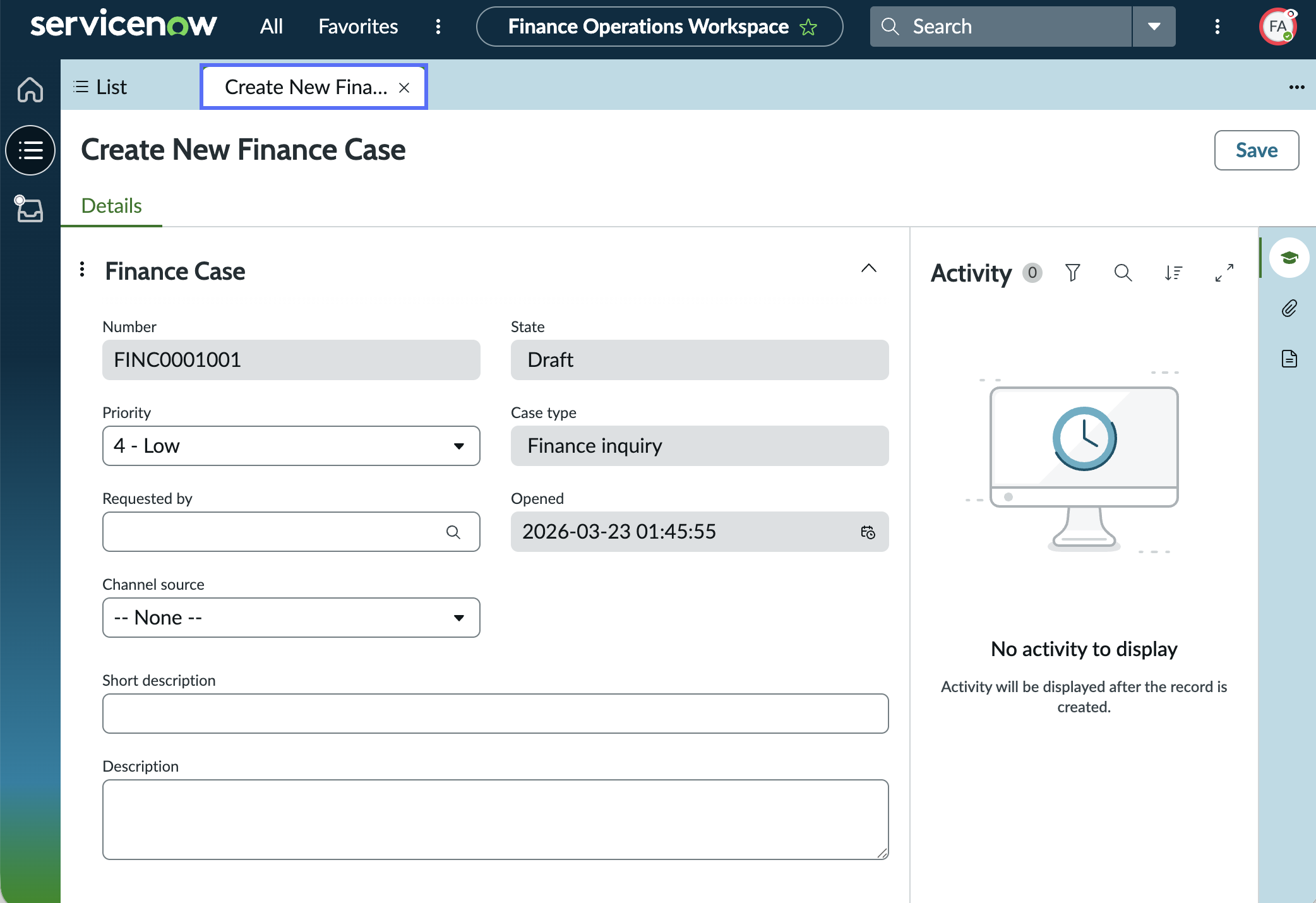 Create a finance case