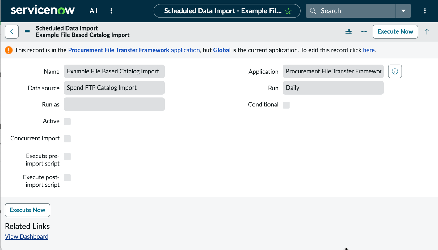 The Example File Based Catalog Import form.