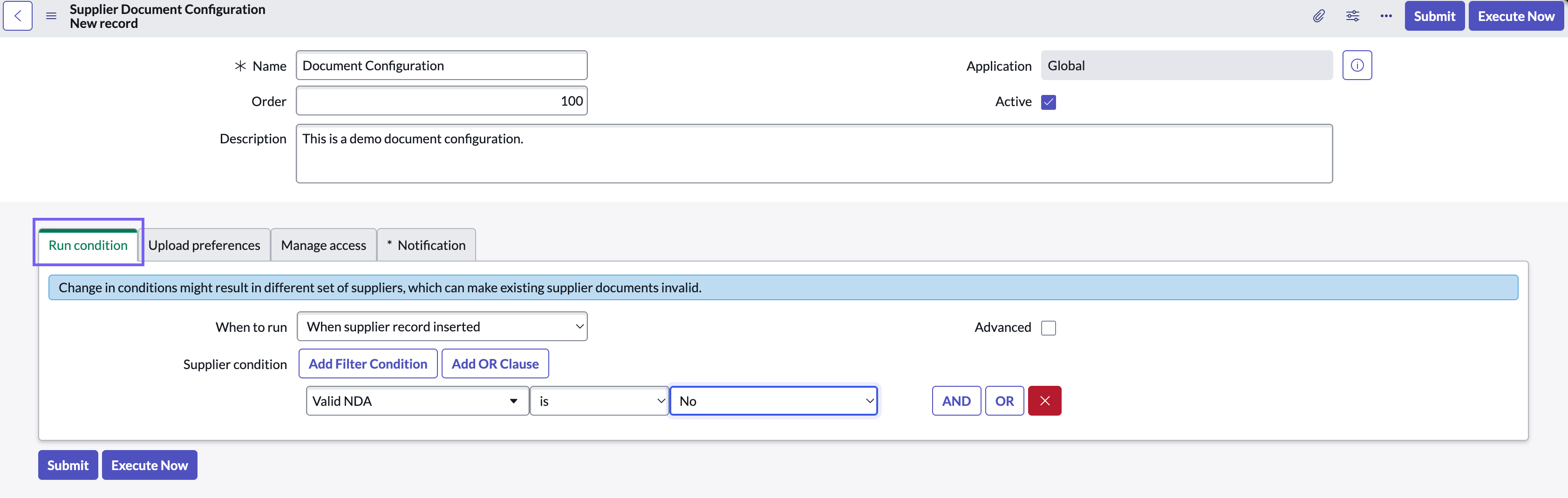 Selected Run condition tab.