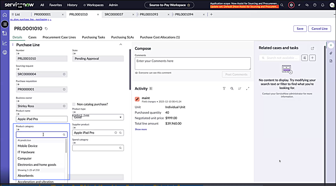 Purchase Line form showing Product category drop-down list with AI predictions highlighted.