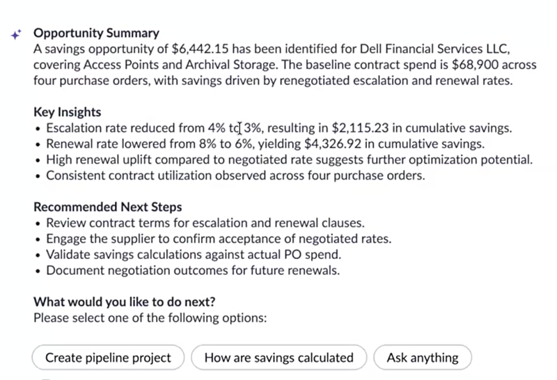 Now Assist Panel showing Opportunity Summary, Key Insights, Recommended Next Steps, and follow-up options.
