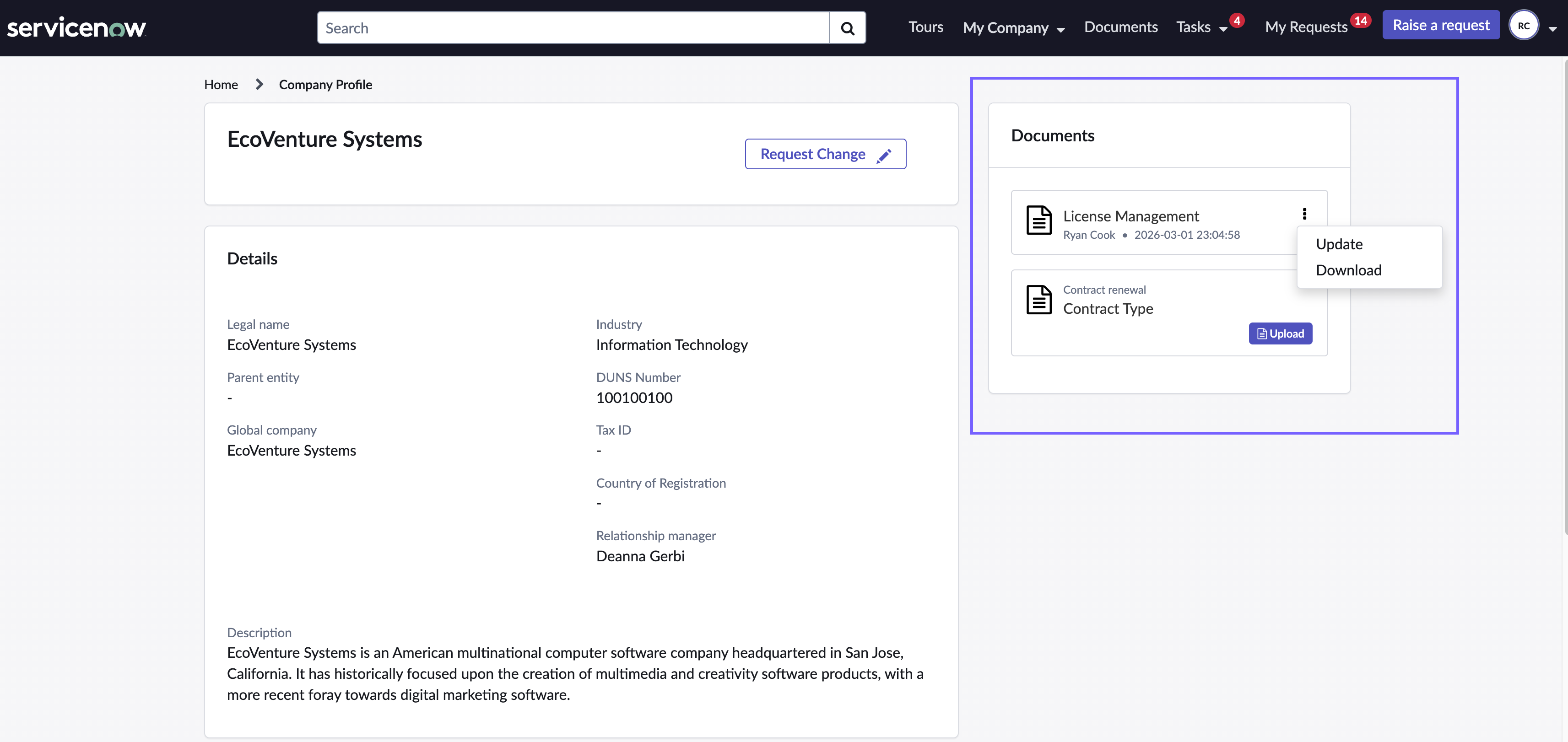 Documents widget on the My Company page