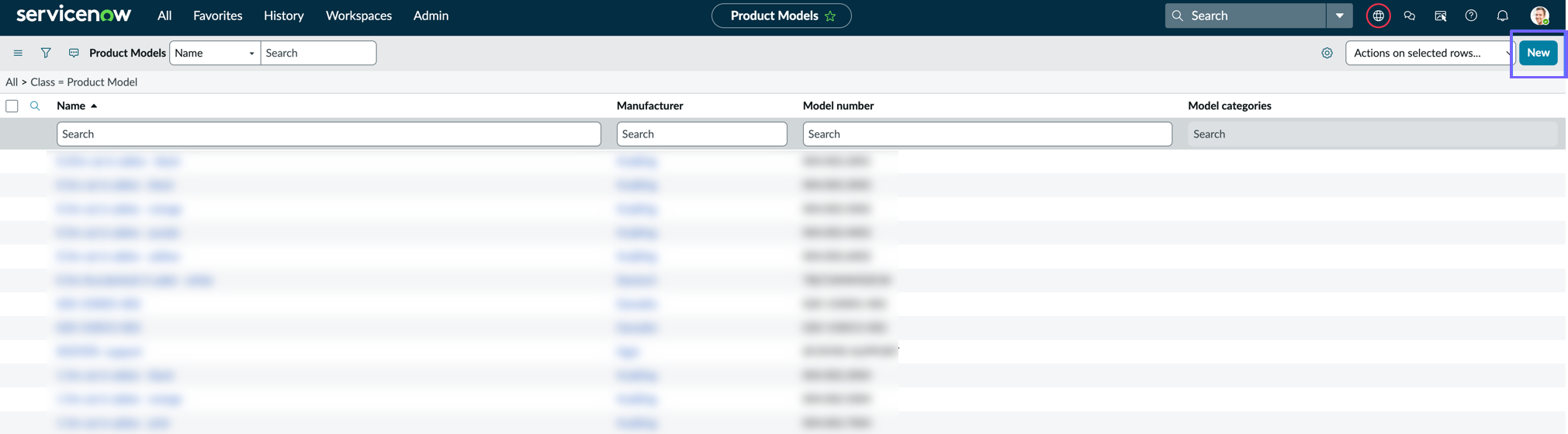 Product Models list view with New button highlighted.