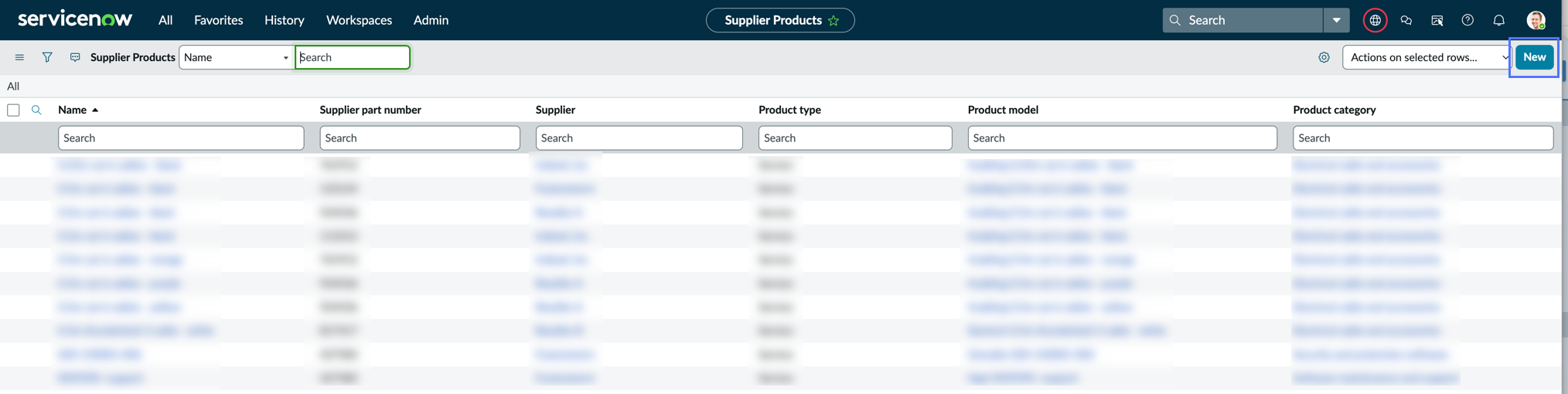 ServiceNow Supplier Products list view with New button highlighted.