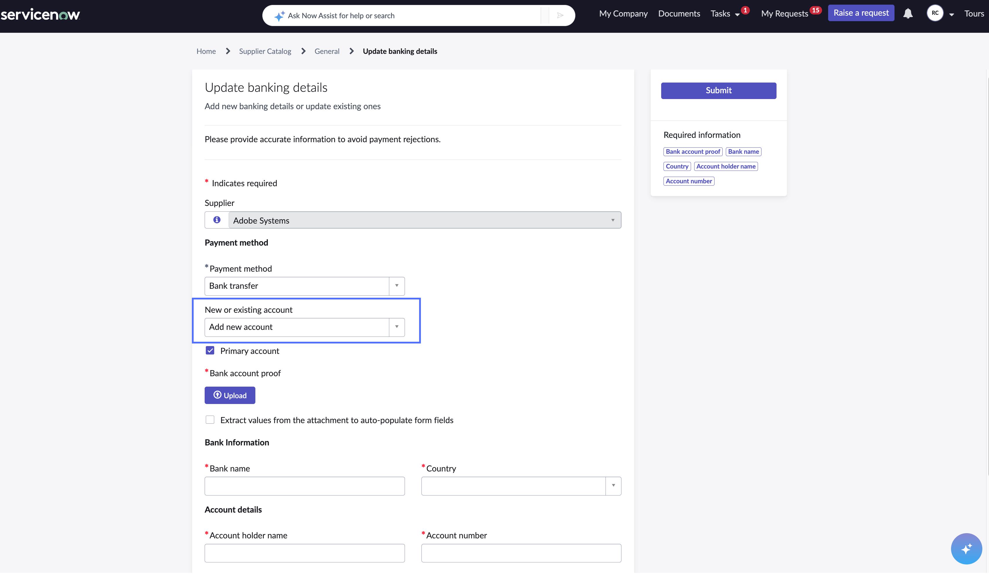 Selected option for adding a new account