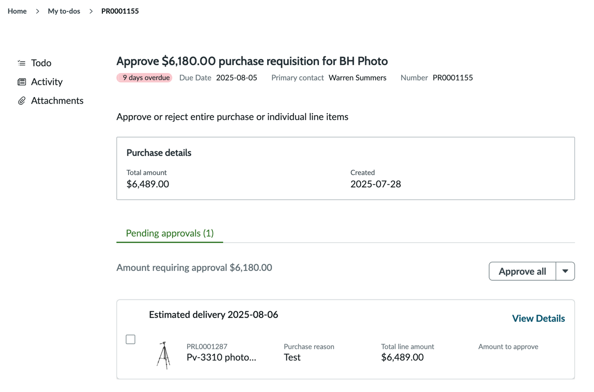 View details of pending approval requests.