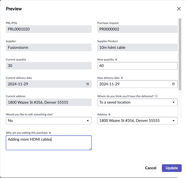 Editing and revising the quantity of a product or delivery location of a purchase line directly from a purchase order.