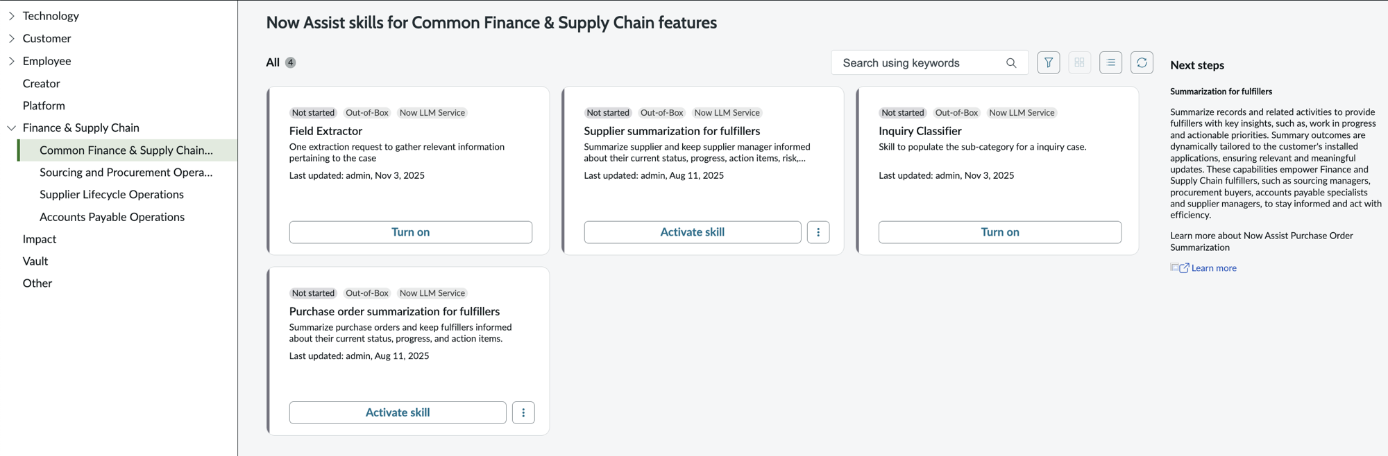 Now Assist skills for Common Finance and Supply Chain features section, showing the Purchase order and supplier summarization for fulfillers feature cards.