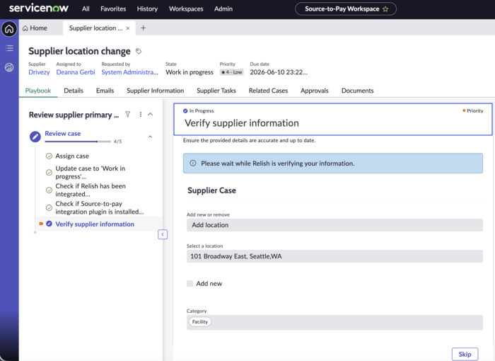 Screen showing Wait while Relish is verifying information message