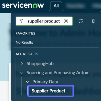 ServiceNow navigation menu showing the path to Supplier Product under Primary Data.