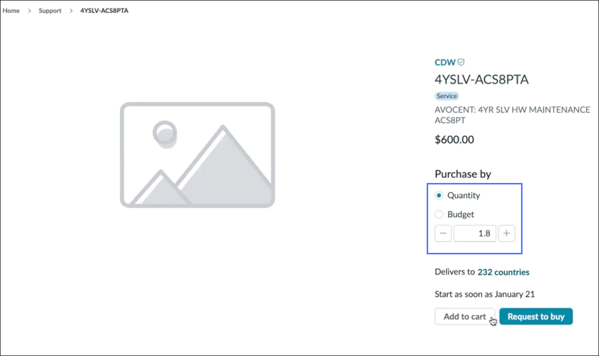 Purchase form for product type Service showing decimal quantity 1.8 in the Quantity field.