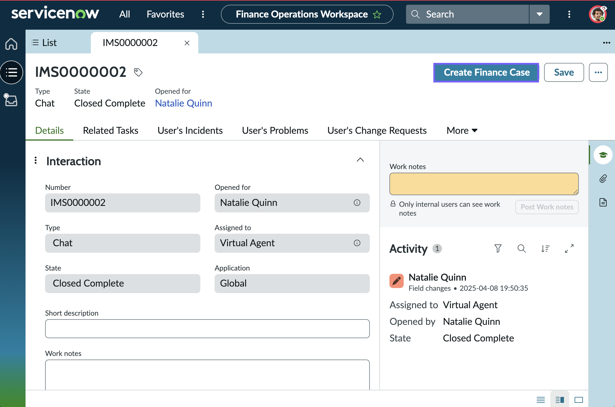 Create a finance case from an interaction record