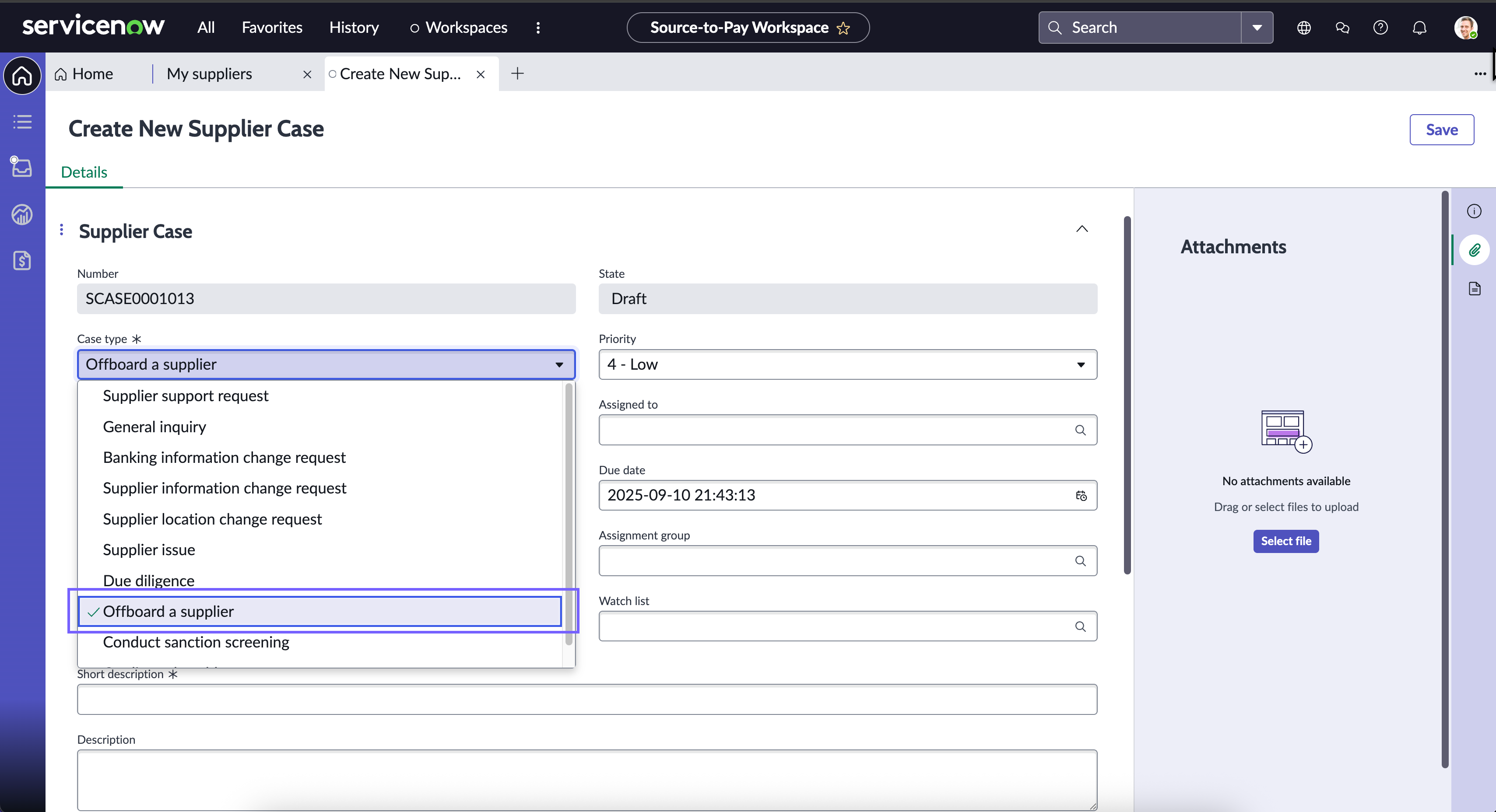 Selected dropdown option for offboarding a supplier.