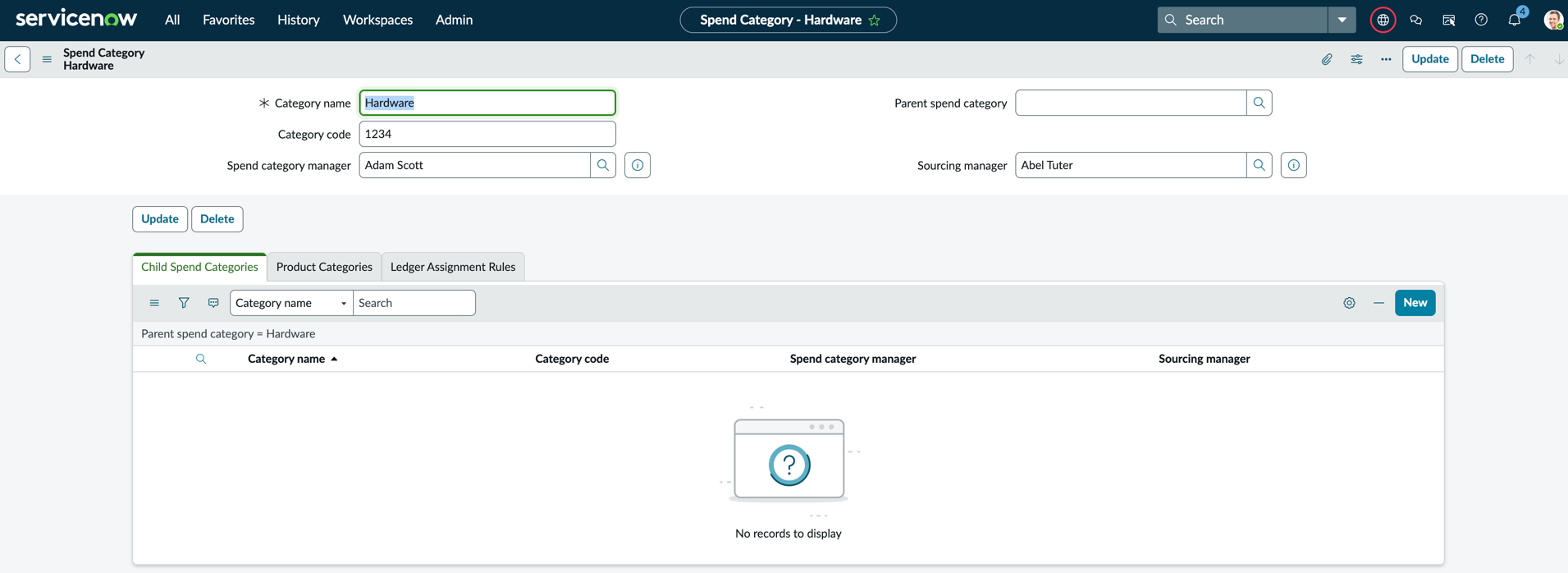 The Child Spend Categories, Product Categories, and Ledger Assignment Rules related lists appear on the Spend Category page.