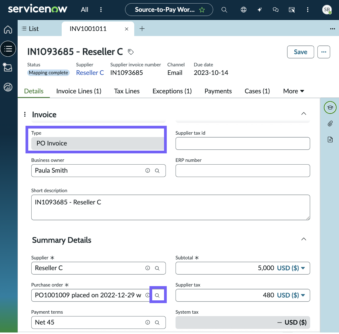 Update purchase order on an invoice