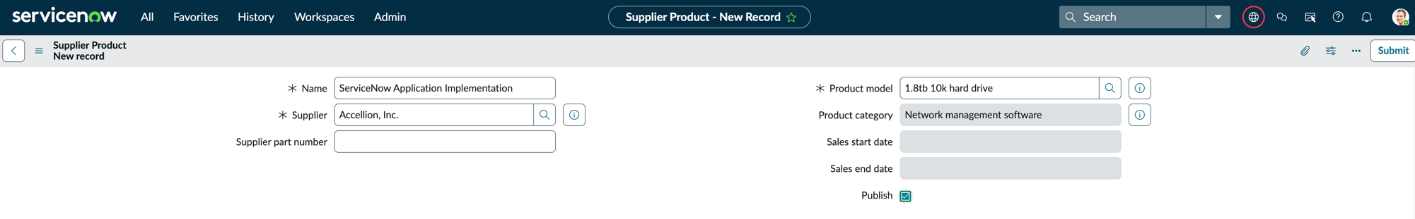 Supplier product form.